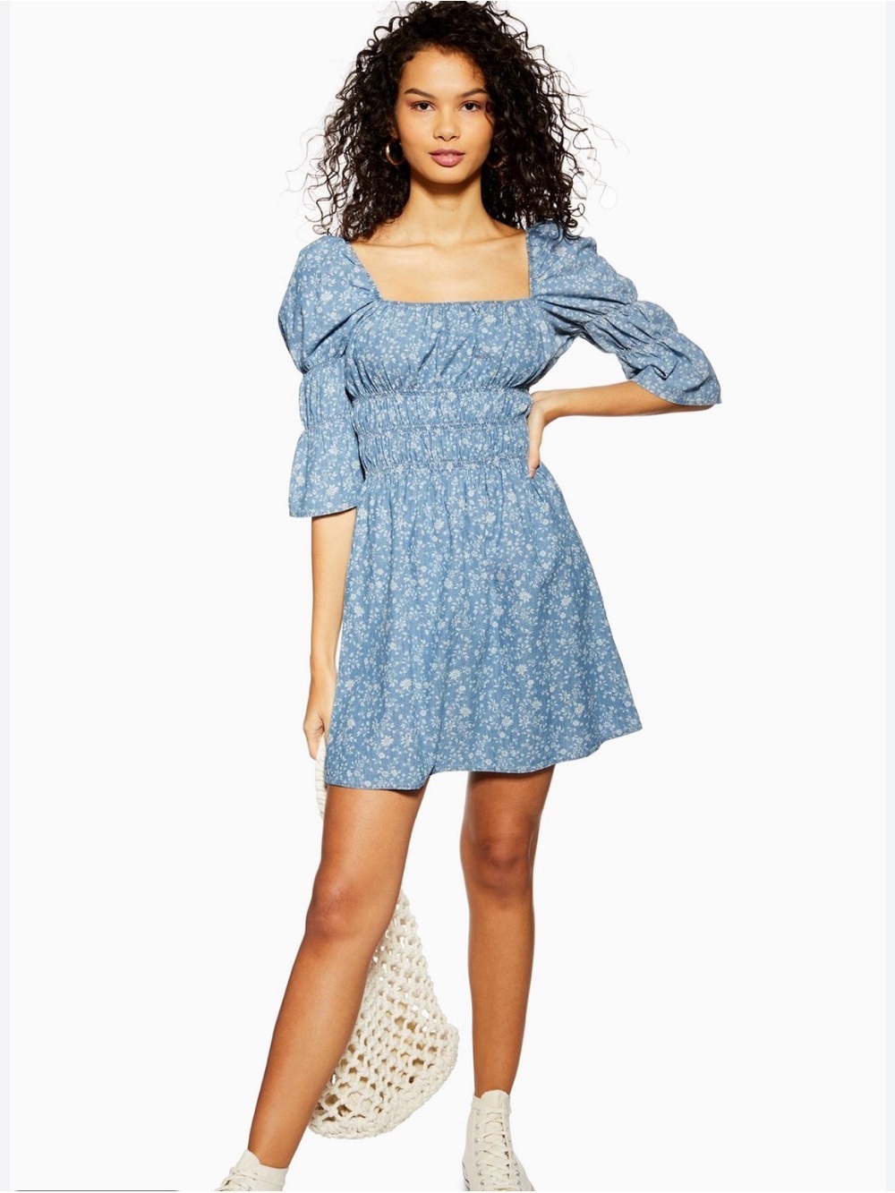 Topshop Blue Floral Puff-Sleeve Mini Dress